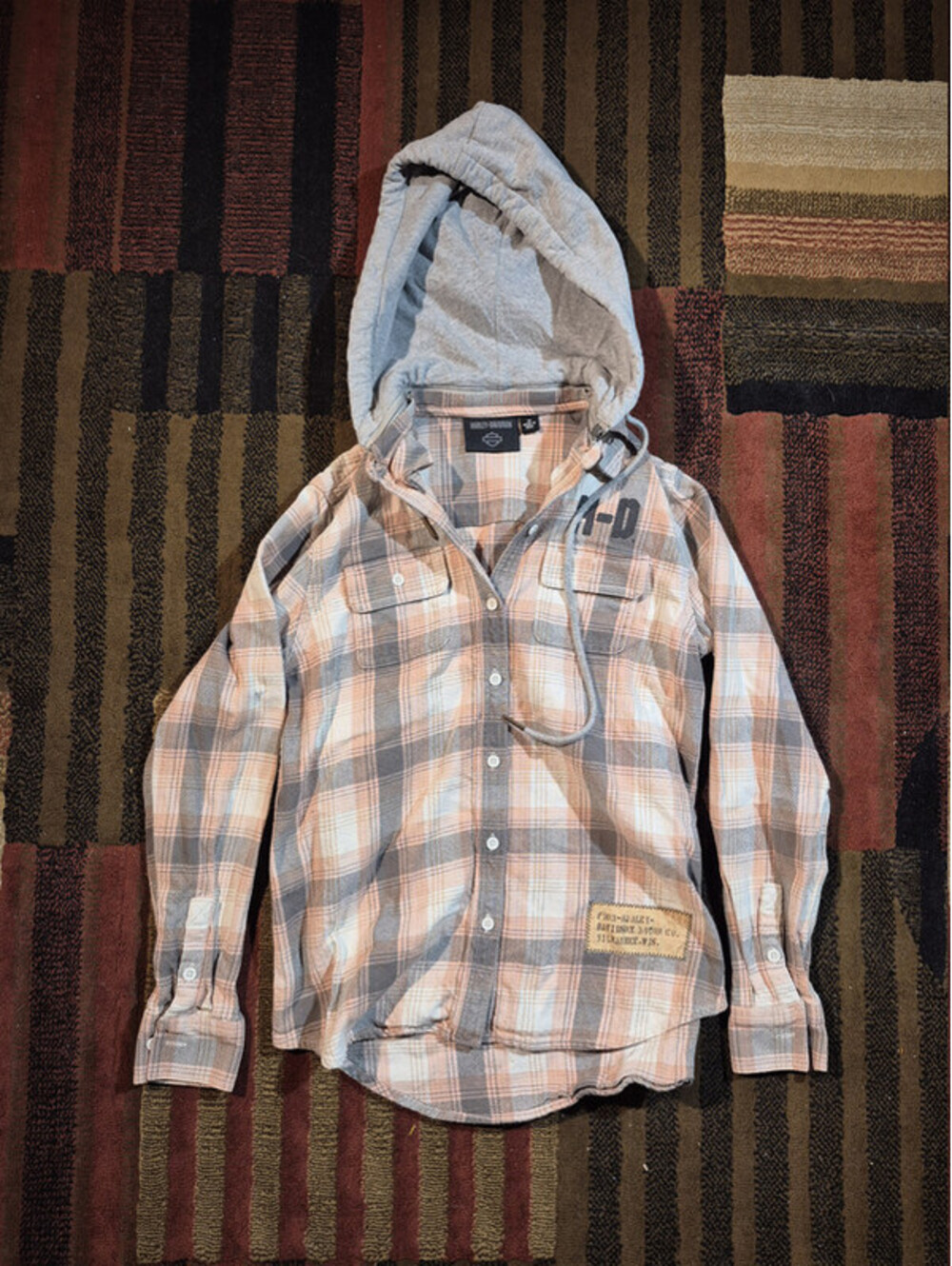 Harley-Davidson Hooded Plaid Button Shirt XS Peach Gray